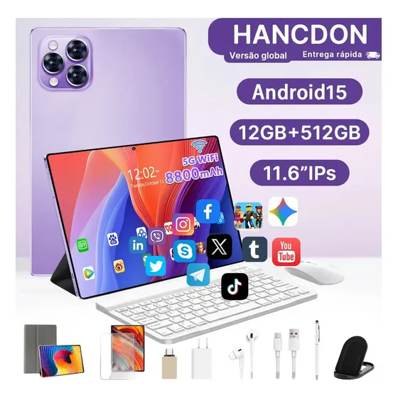 Tablet Hancdon Android 15 Dual Chip Tela Full HD 11,6” 12GB RAM+512GB Processador 10 Núcleos Câmeras