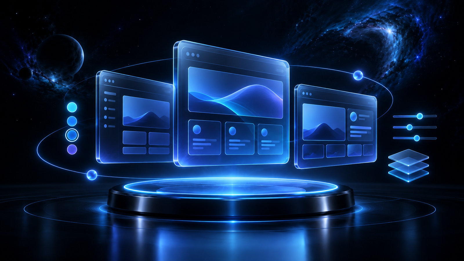 Ilustração de interfaces de sites em uma plataforma holográfica azul