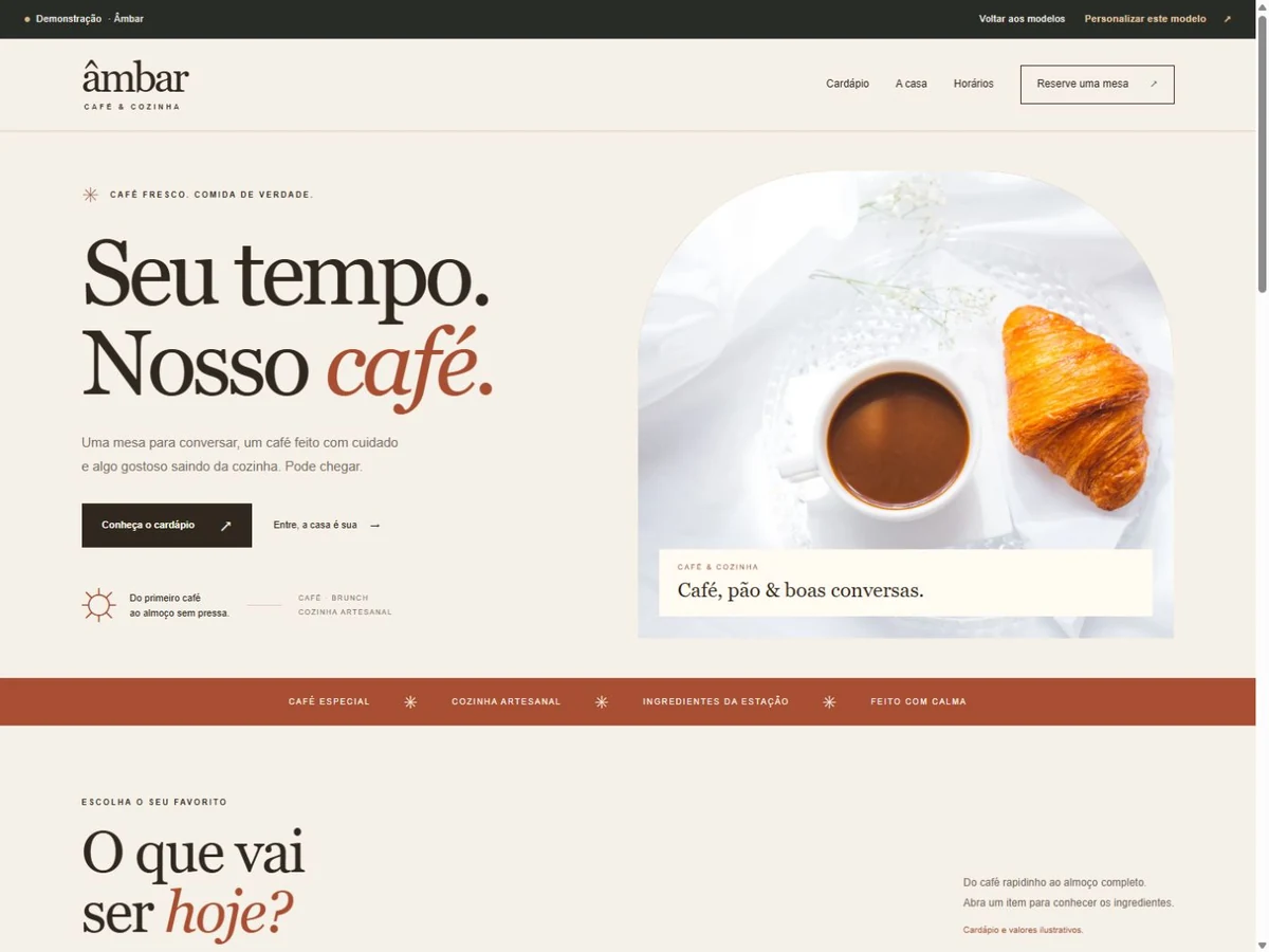 Prévia do site Âmbar para restaurantes e cafés
