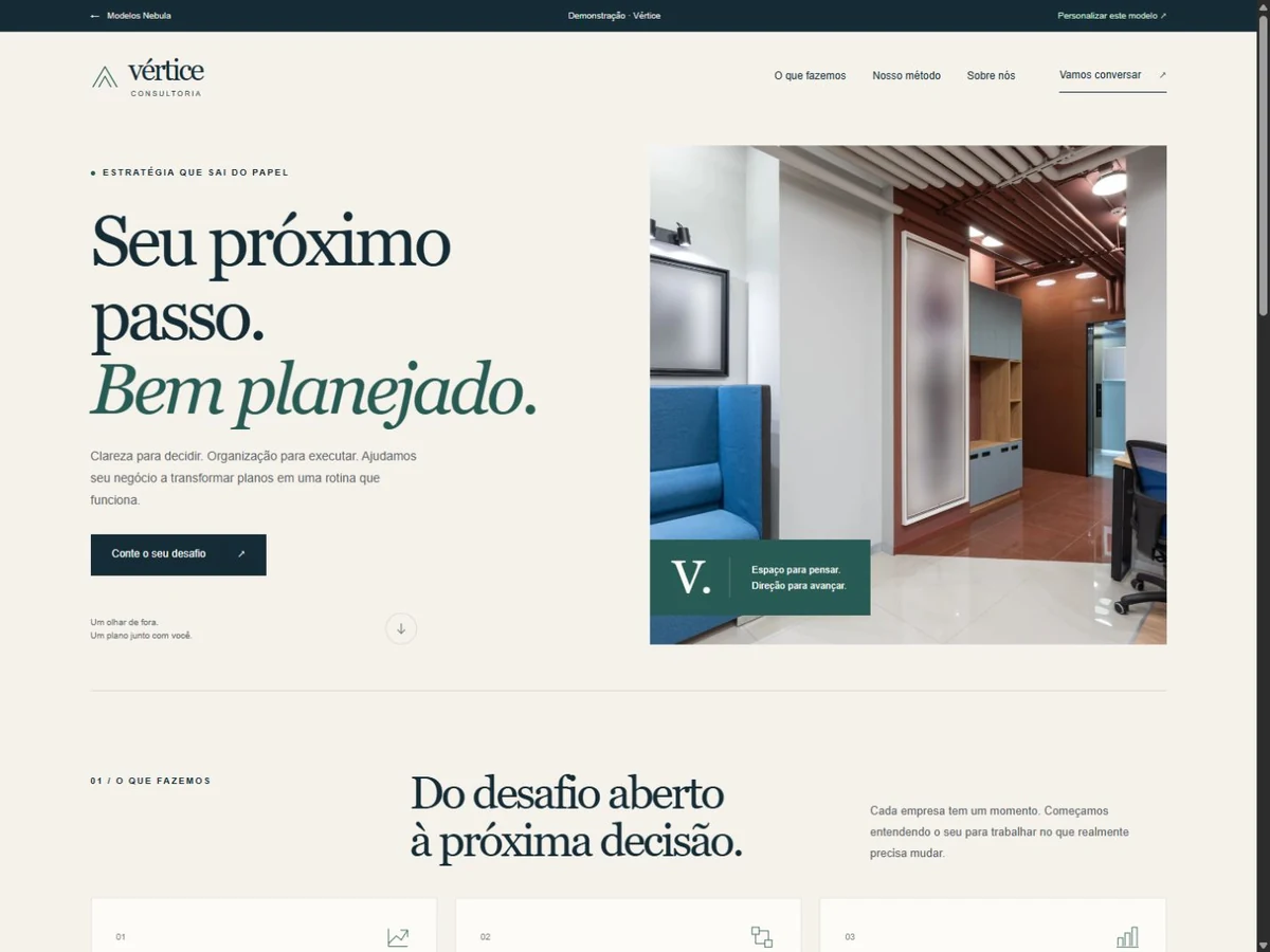 Prévia do site Vértice para serviços profissionais